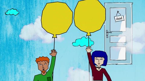 Junge und Mädchen mit gelben Luftballons.