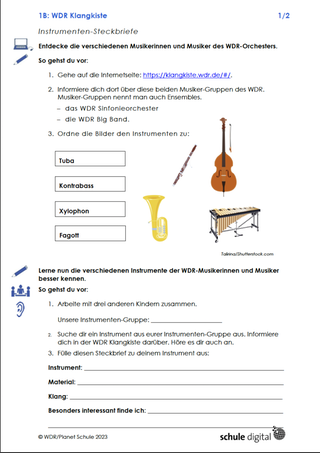 Screenshot vom Arbeitsblatt. Die Klangkiste- ein Orchester stellt sich vor. WDR-Ensembles kennenlernen
