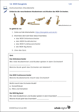 Screenshot vom Arbeitsblatt: Die Klangkiste - ein Orchester stellt sich vor. Instrumenten-Steckbriefe.