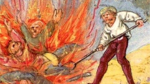 Ein Gemälde, das in einem Feuer brennende Menschen zeigt. Neben dem Feuer steht ein Mann, der mit einer Art Mistgabel in das Feuer sticht