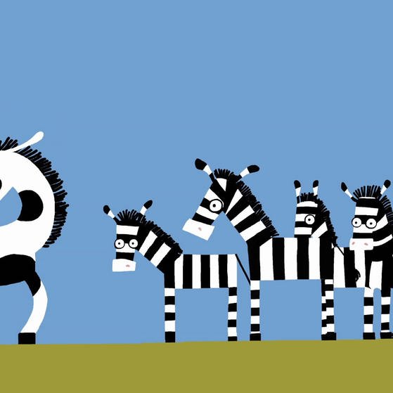 Zebra-Gruppe, eines davon ist gefleckt.