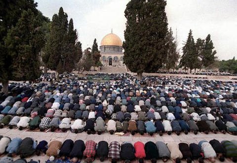 Viele Gläubige beim Beten vor einer Mosche.