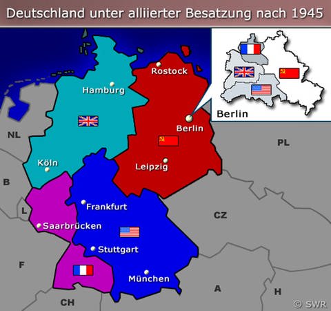 Eine Karte des besetzten Deutschlands mit den verschiedenen Besatzungszonen eingezeichnet.