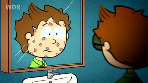 Der kleine Philosoph Knietzsche sieht sich im Spiegel mit ganz vielen Pickeln im Gesicht. (Foto: vision X/WDR)