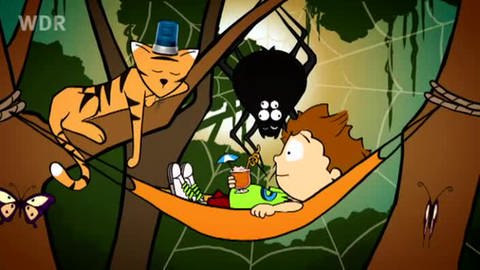 Der kleine Philosoph Knietzsche liegt im Dschungel in einer Hängematte, neben ihm döst ein Tiger und eine sechsäugige Spinne hängt am Baum. (Foto: vision X/WDR)