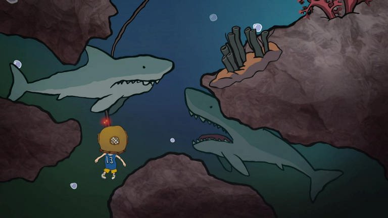 Der kleine Philosoph Knietzsche taucht durch dunkle Unterwasserhöhlen, vor ihm schwimmen zwei große Haie.