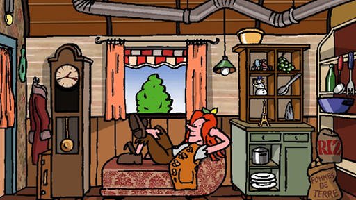 Ausschnitt aus der CD-ROM: Der kleine Gnom liegt im Camping-Car auf einem Sofa.