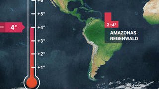 Eine Satellitenkarte Südamerikas, über Brasilien steht "2-4° - Amazonas Regenwald", auf der linken Seite ist ein Thermometer mit einer Skala von +1° bis +6° und einem Regler, der auf 4° steht. (Foto: ZDF Digital)