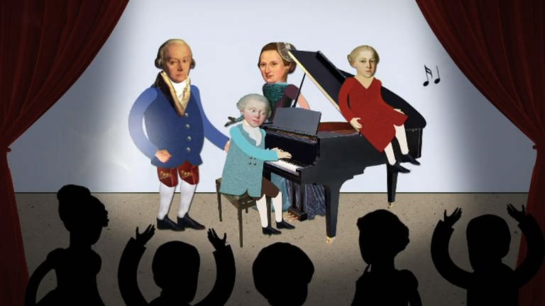 Zeichnung des Musikers Wolfgang Amadeus Mozart als Kind bei einem Klavier-Konzert im Kreise seiner Familie