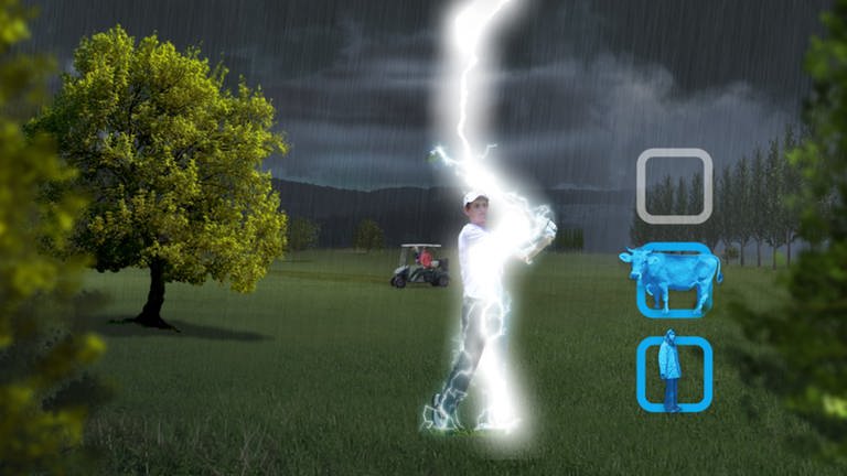 Im Lernspiel Blitzsimulator wir ein Golfspieler von einem Blitz getroffen. Sein Schläger aus Metall, den er über den Kopf hält, wirkt wie eine Blitzableiter.