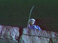 Eine Naginatakämpferin bei Nacht auf einer Mauer