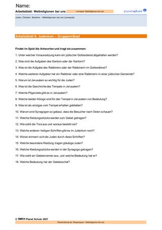 Arbeitsblatt 6: Judentum: 18 Fragen