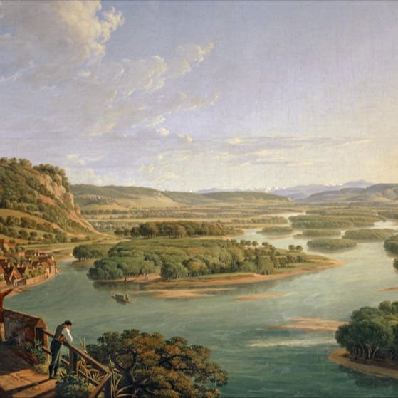 Gemälde eines Rheinabschnitts, in dem viele Flussinseln sind.