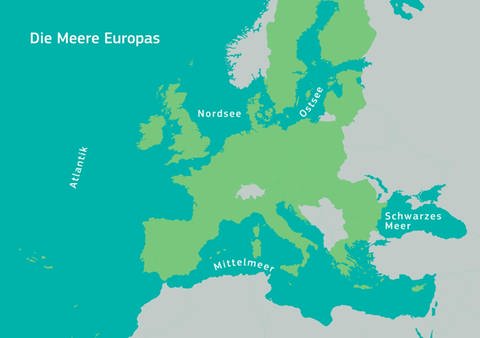 Eine Karte Europas, auf der alle Meere eingezeichnet sind.