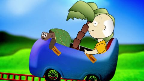 Die Zeichnung von einem alten Mann mit einer Schildkröte in einem blauen Auto.
