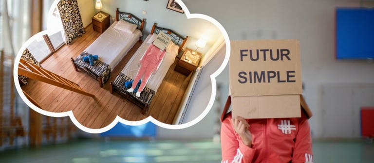 Eine Person hat einen Karton auf dem Kopf, auf dem steht "Futur simple". Daneben eine Denkblase mit zwei Betten und einer schlafenden Person.