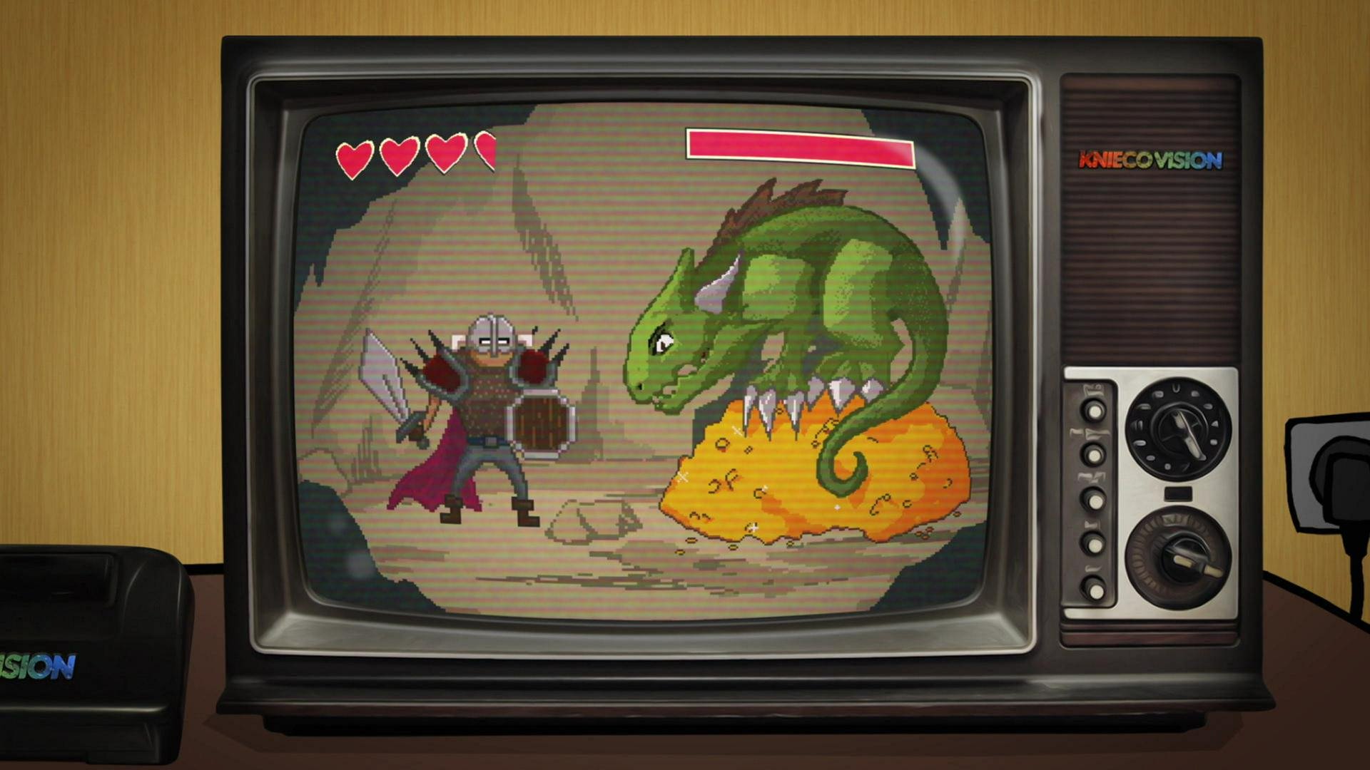 Eine Zeichnung von einem Videospiel: ein Ritter kämpft gegen einen Drachen auf einem Goldschatz.