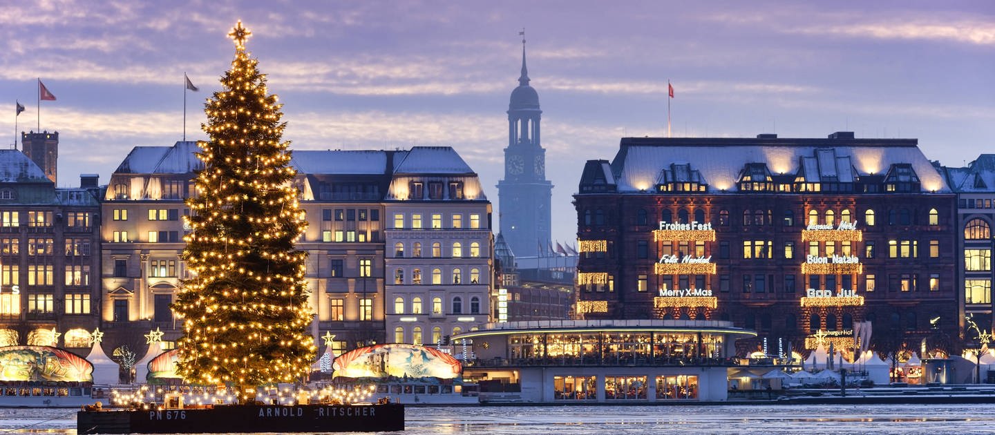 Weihnachtsbaum auf der Alster in Hamburg.