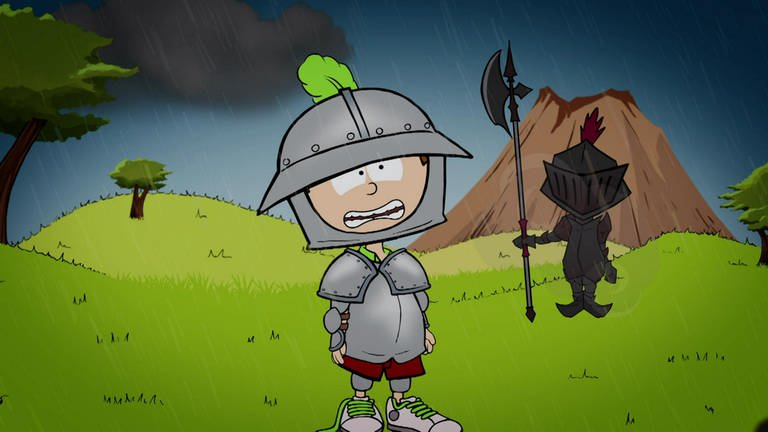 Der kleine Philosoph Knietzsche trägt eine Ritterrüstung und steht auf einer Wiese im Regen.