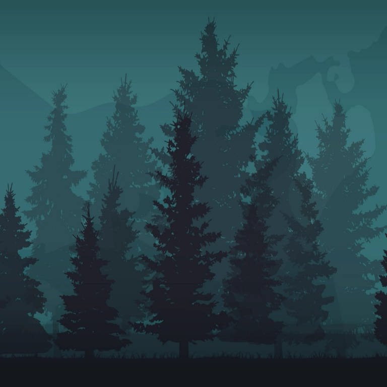 Ein animierter Querschnitt eines Waldes in Blautönen.