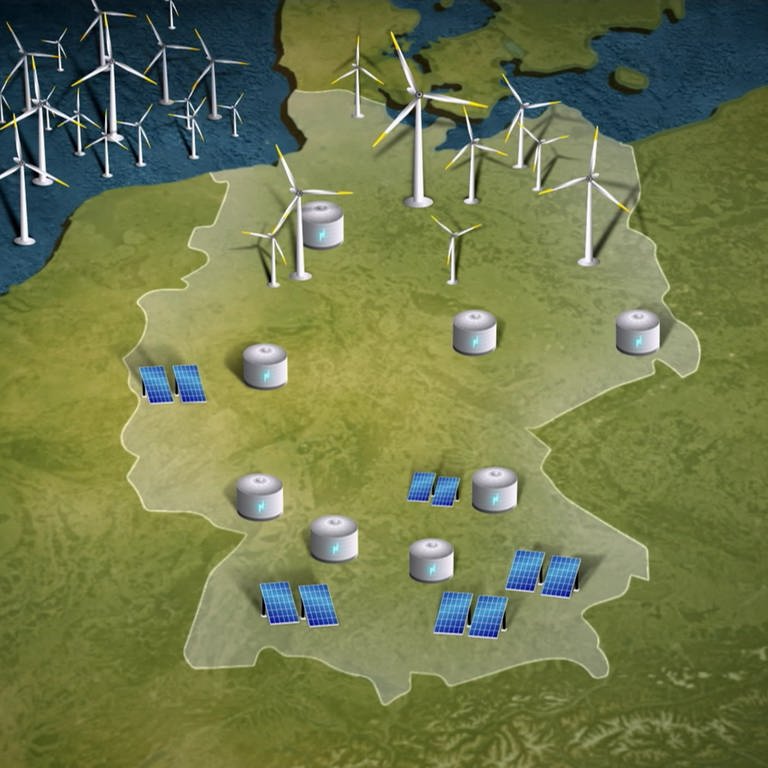 Eine Deutschlandkarte, die die Orte von Windrädern, Solaranlagen und Speicherzellen zeigt.