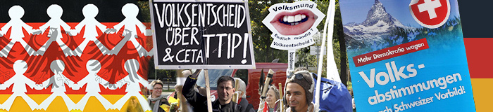 Montage: Symbolische Menschenkette auf Deutschlandfahne, Demonstranten mit Plakat für den Volksentscheid ueber Themen wie TTIP und CETA und Wahlplakate der AfD für die Volksabstimmung nach Schweizer Vorbild. (Quelle: imago stock&people, imago/IPON, imago/Eibner)