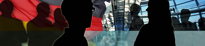 Montage: Deutschlandfahne, davor die Silhouetten von Menschen, dahinter ein Blick in die Reichstagskuppel. (Quelle: colourbox, Berlinimages)
