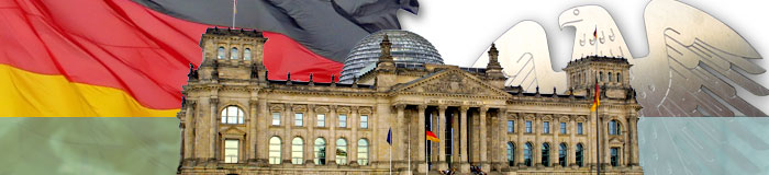Montage: Deutschlandfahne, der Reichstag und der Bundesadler aus dem Reichstag. (Quelle: colourbox)