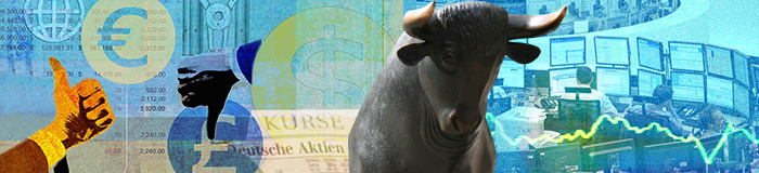 Montage:  Eine Collage zum unsicheren globalen Währungsmarkt, im Vordergrund der Bulle, das Symbol für Wertsteigerung am Wertpapiermarkt, rechts ein Blick in den Handelssaal der Frankfurter Wertpapierbörse. (Quellen: imago/Ikon Images, colourbox, imago/Rupert Oberhäuser)