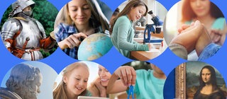 Bilder-Collage zu Unterrichtsfächern: Schüler mit Zirkel, Globus, Tablett, das Gemälde der Mona Lisa und Figuren eines Römers und eines Philosophen zeigen die Vielfalt der Fächer.