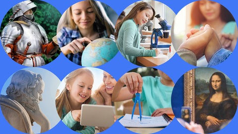 Bilder-Collage zu Unterrichtsfächern: Schüler mit Zirkel, Globus, Tablett, das Gemälde der Mona Lisa und Figuren eines Römers und eines Philosophen zeigen die Vielfalt der Fächer.