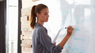 Eine Frau schreibt auf eine Tafel - Fortbildungen bei Planet Schule