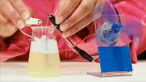 Glaskaraffe mit Zitronensaft und Metallplättchen, davor ein blauer Propeller (Foto: SWR – Screenshot aus der Sendung)