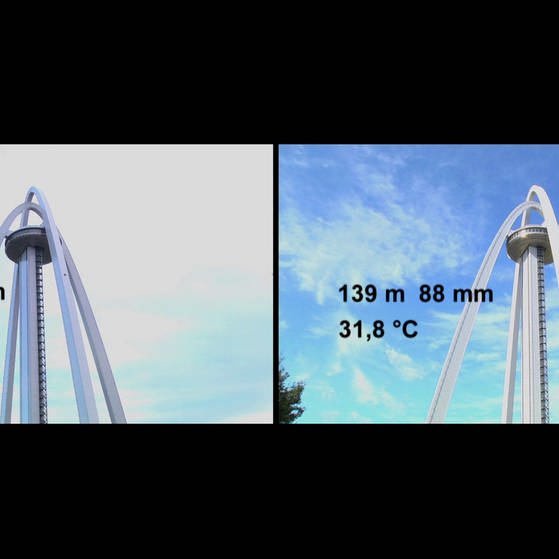 Turmbilder mit eingeblendeten Höhen- und Temperaturangaben. (Foto: SWR/WDR – Screenshot aus der Sendung)