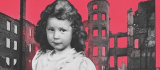 Collage: Kleines Mädchen vor zerbombten Häusern