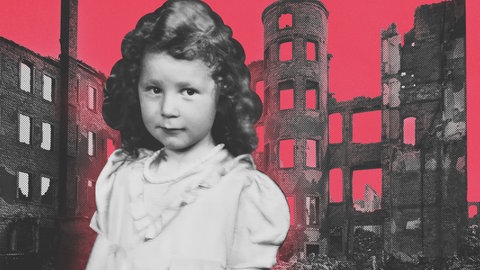 Collage: Kleines Mädchen vor zerbombten Häusern