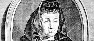 Schwarz-weiß-Zeichnung der Hebamme Justine Siegemund