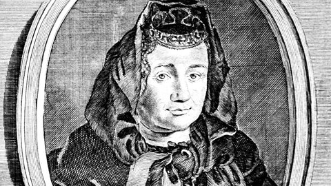 Schwarz-weiß-Zeichnung der Hebamme Justine Siegemund