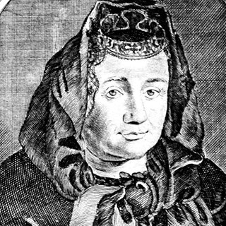 Schwarz-weiß-Zeichnung der Hebamme Justine Siegemund