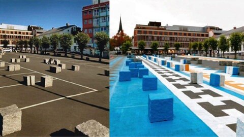 Vorher - nachher. Der  angemalte Stortorget-Platz in Hamar, Norwegen.
