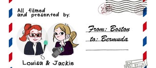 Gezeichnete Postkarte mit zwei Mädchen und dem Schriftzug "From Boston to Bermuda"