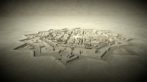 Relief-Grundriss einer achteckigen Stadt. (Foto: SWR/WDR – Screenshot aus der Sendung)