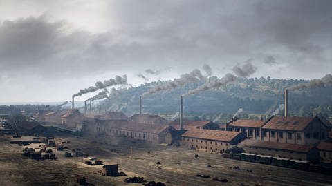 Mehrere Fabrikgebäude mit rauchenden Schorsteinen. (Foto: SWR – Screenshot aus der Sendung)