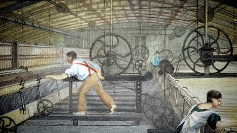 Gemälde einer Fabrikhalle mit Spinnmaschinen. (Foto: SWR – Screenshot aus der Sendung)