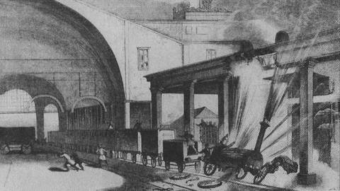 Historische Zeichnung: explodierende Dampflokomotive. (Foto: SWR – Screenshot aus der Sendung)
