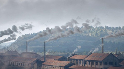 Animation eines Industriegebietes während der Industriellen Revolution.