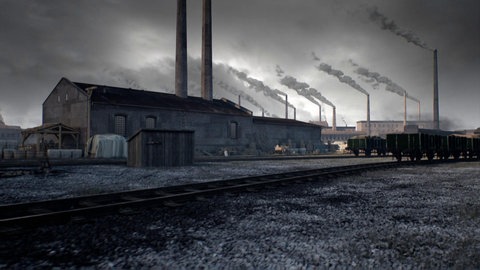 Animation: Fabrik in der Stadt mit Lagerhallen und qualmenden Schornsteinen