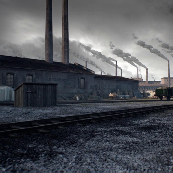 Animation: Fabrik in der Stadt mit Lagerhallen und qualmenden Schornsteinen