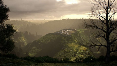 Animierter Blick auf ein keltisches Dorf.