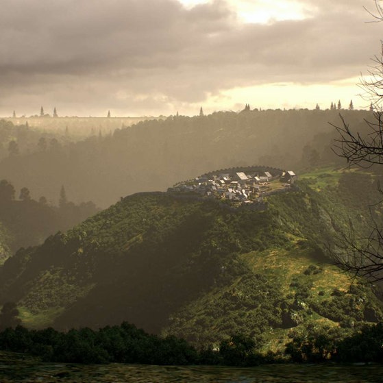 Animierter Blick auf ein keltisches Dorf.